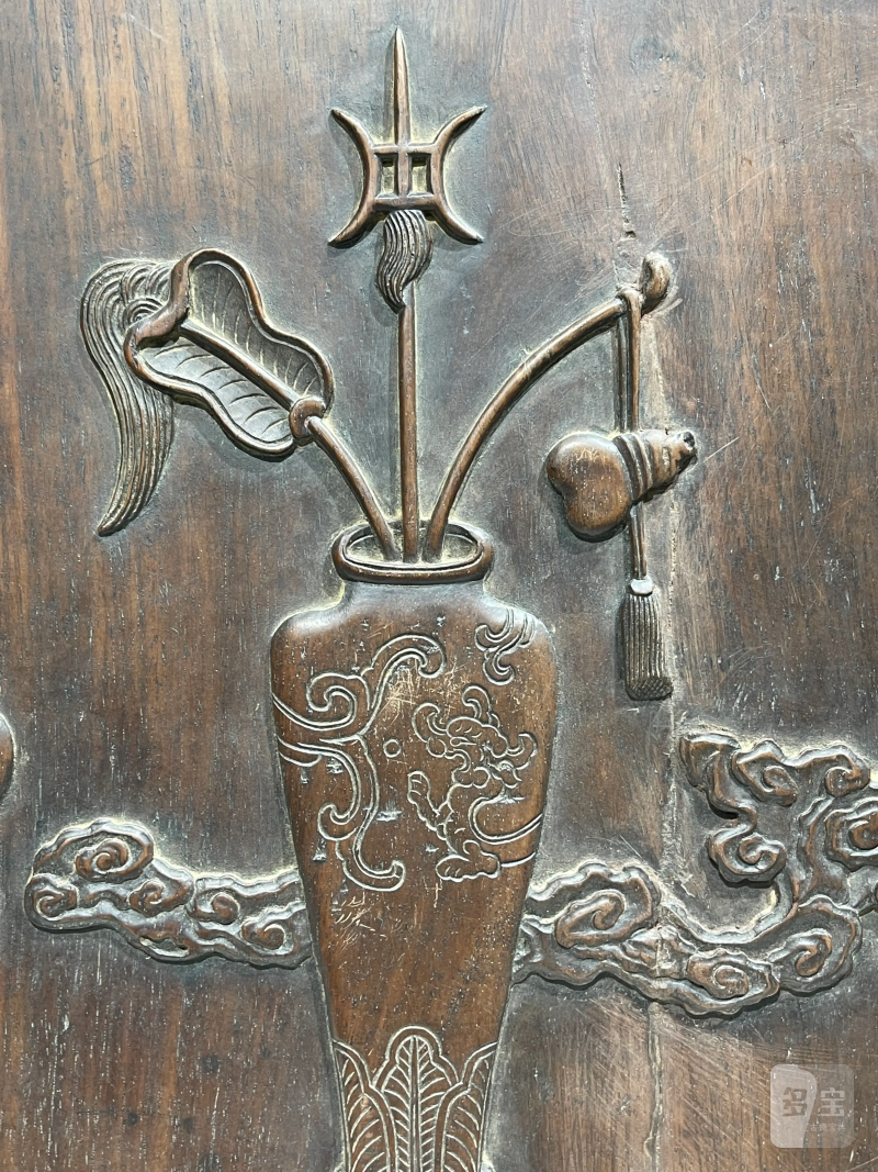 清代 红木双面雕福寿博古纹花板 - 图8